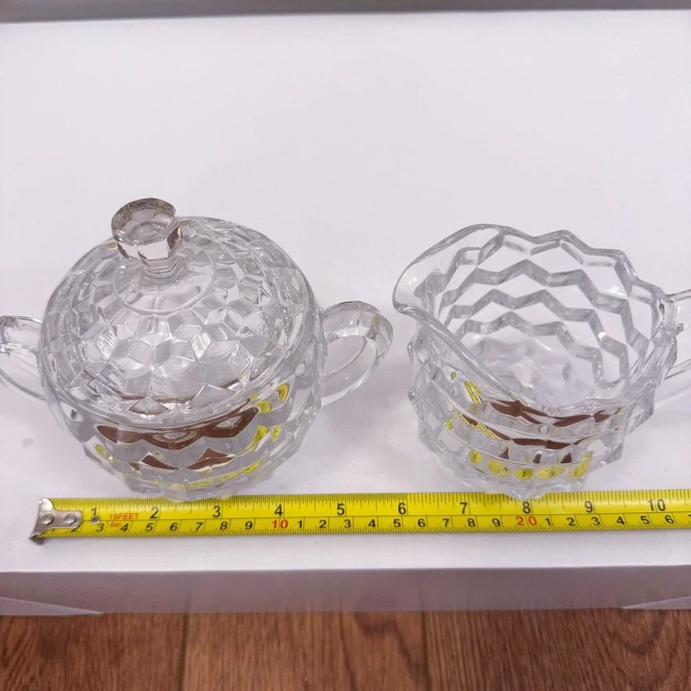 Vintage Fostoria American Sugar Bowl Clear Handled With Lid‎ And Creamer Set